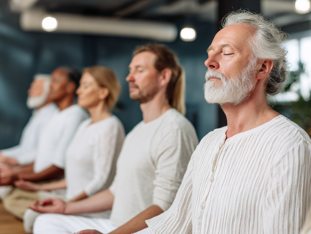 Instruktor jogi pokazujący ćwiczenie grupie uczestników w różnym wieku